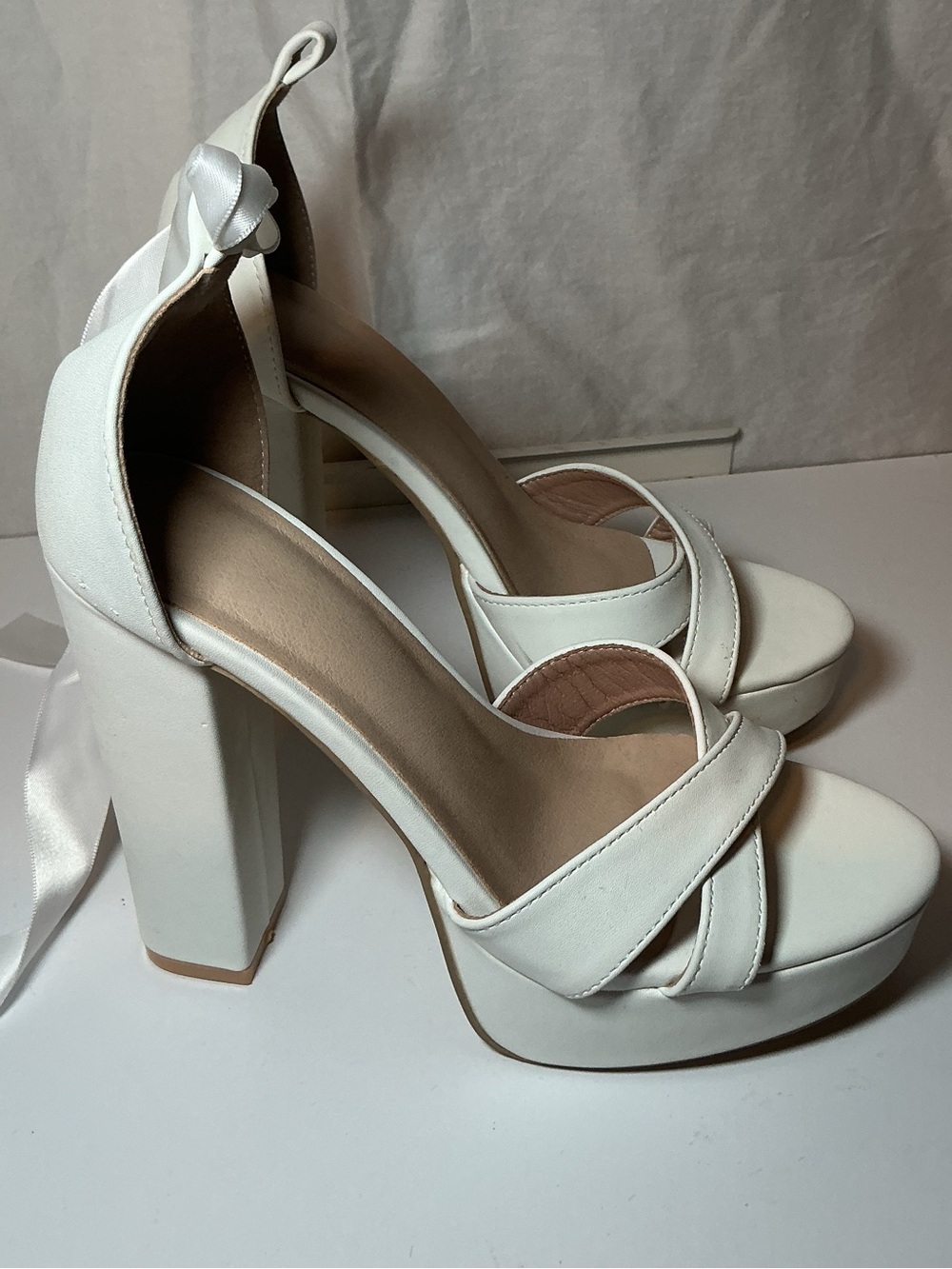 White Platform Block Heel Sandals with Ankle Tie